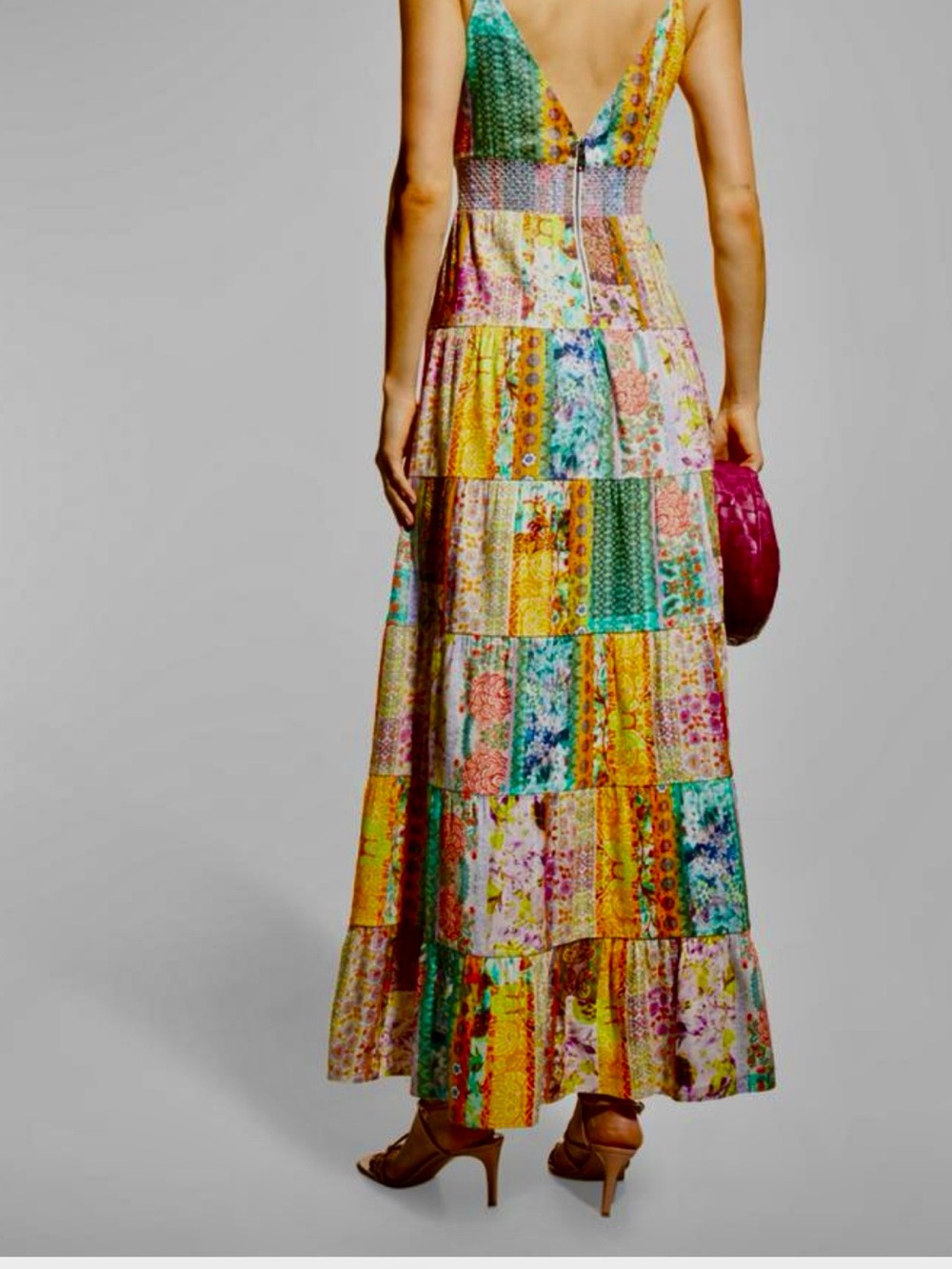 Alice + Olivia Multicolor Patchwork Maxi Dress with Tie Front - Picture 2 of 7